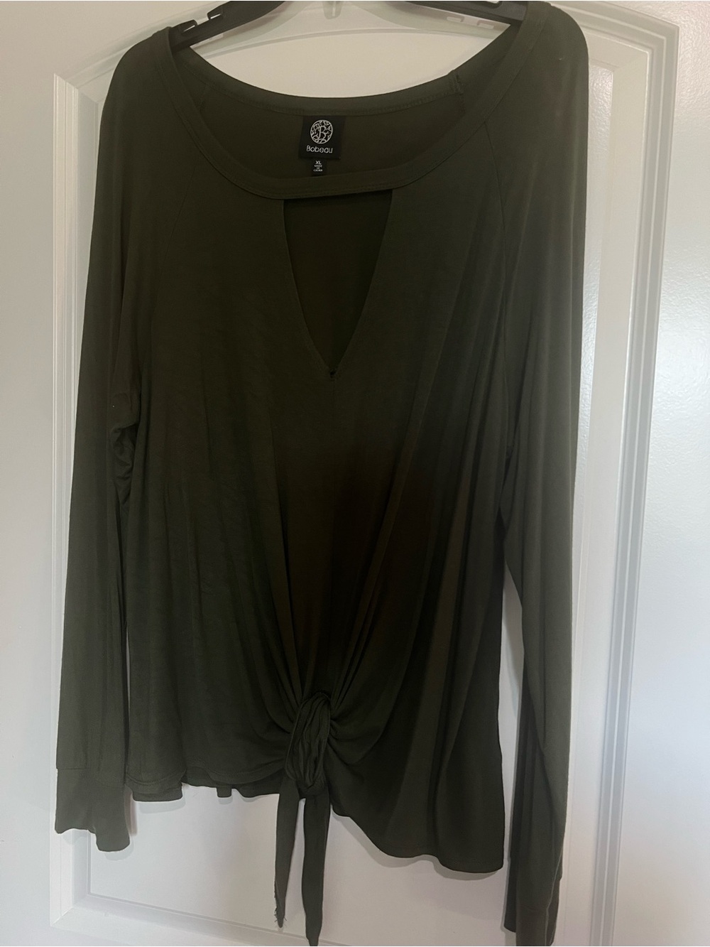 bobeau Olive Green Tie-Front Long Sleeve Top